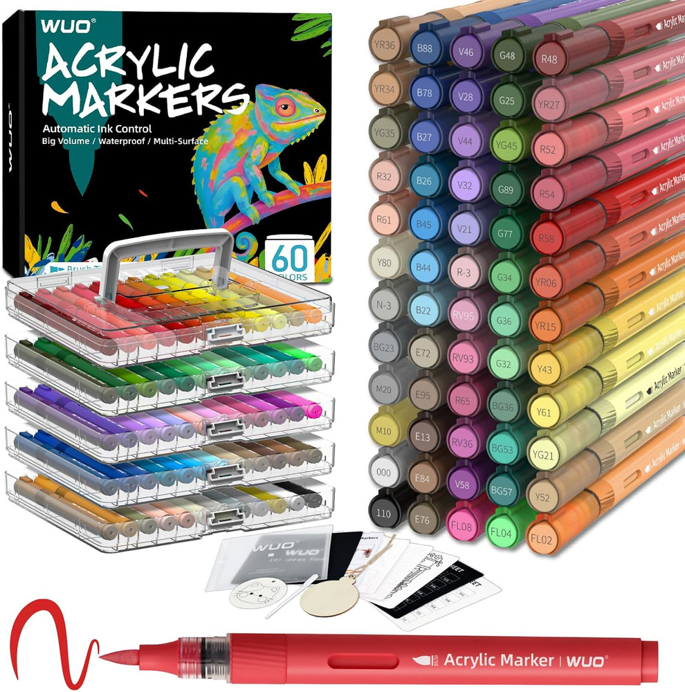 60 Colors Acrylic Paint Markers, Acrylic Paint Pens and Acrylic Markers with Bru