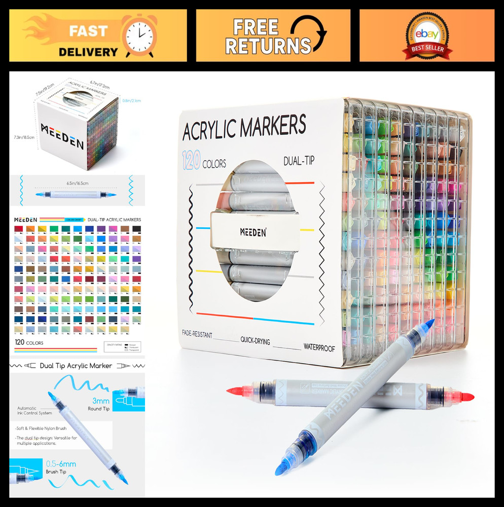 120 Colors Dual Tip Acrylic Paint Markers – Brush & Round Tips for Art, Quick Dr