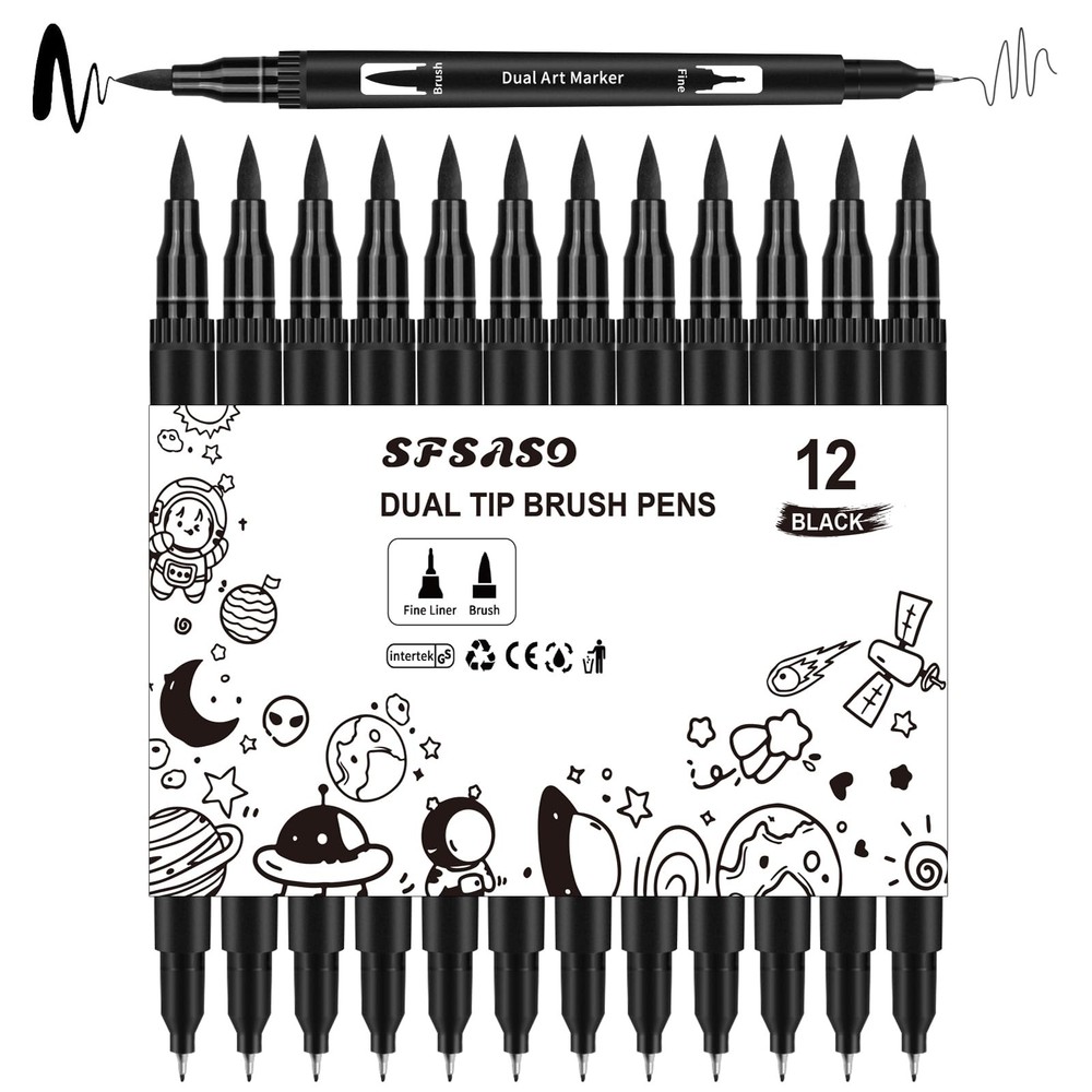 12 Pack Dual Tip Brush Fine Liner Sketching Calligraphy Marker Pen Set