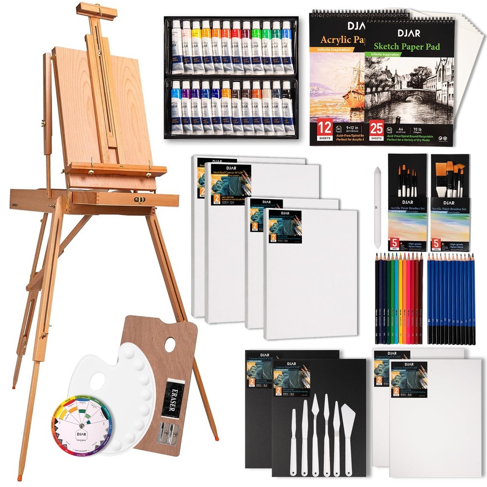 DJAR 89 pcs Acrylic Paint Set with French Easel for Professional Artist, Pain…