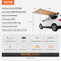 VEVOR Vehicle Awning 4.6’x6.6′ Shade Coverage Car Side Awning PU3000 mm UV50+