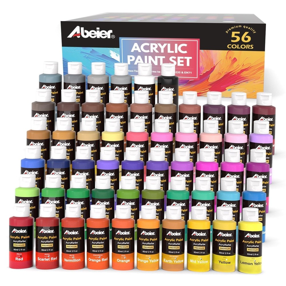 ABEIER Acrylic Paint Set, 56 Colors (2oz/60ml), Matte Finish, Waterproof, Ric…