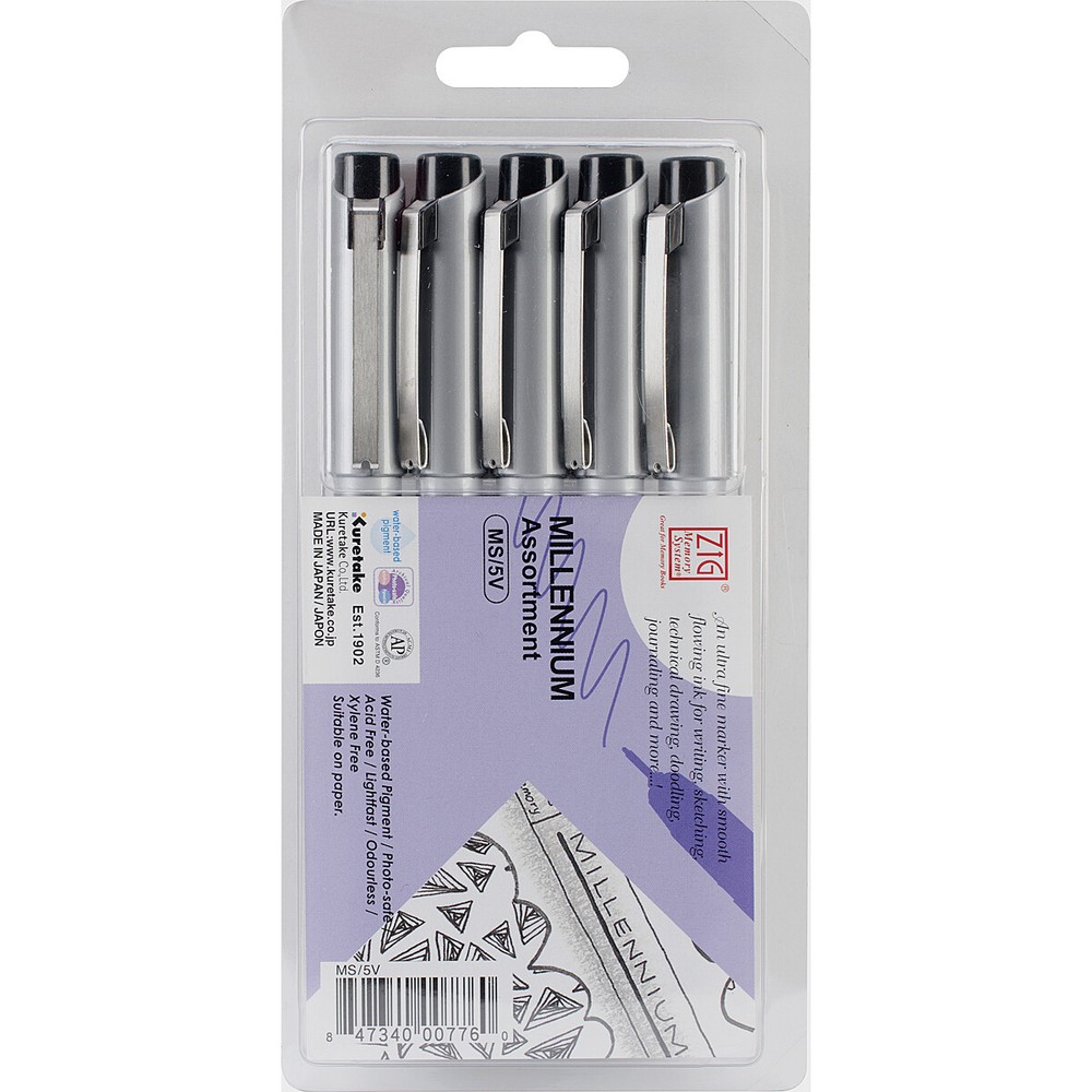 Zig Memory System Millennium Fine Line Marker Assortment, Black Ink, 1 Pack of 5