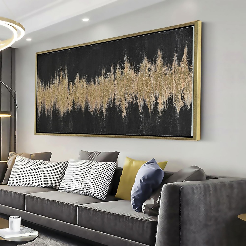 24″x48″ Framed Black and Gold Abstract Sound Wave Textured Wall Art, Minimali…