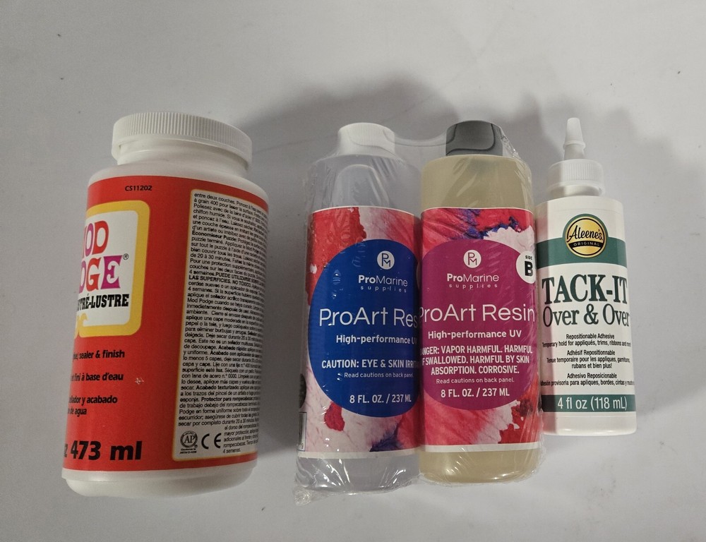 art supplies lot New Mod Podge, Pro Art Resin, And Tack It Sealed