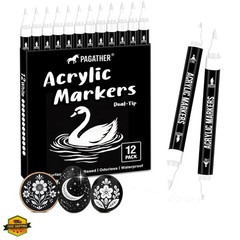 White Acrylic Paint Markers, 12 Pack Dual Tip with Fine Tip and Brush Tip Pen…