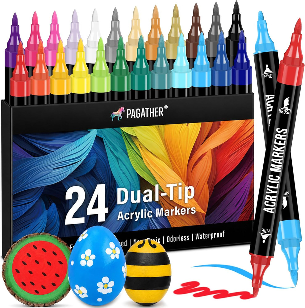 24 Colors Acrylic Paint Markers Dual Tip Brush & Fine Tip Pens for Crafts