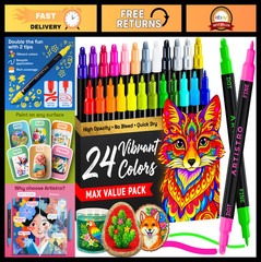 24 Dual-Tip Acrylic Paint Markers Set – Fine & Dot Tips for Fabric, Rock, Glass,