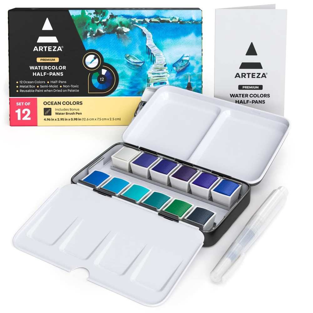 Watercolor Paint Set 12 Ocean Tones Half Pans Watercolor Set With Brush Semi Moi