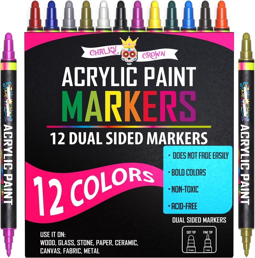 Acrylic Paint Markers Dual Tip (12 Pack) – Bold Paint Pens Fine Tip and Dot Tip