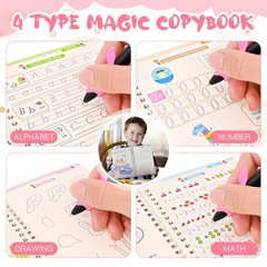 DTREEL Magic Grooved Writing Book 4Pc + Pen | Reusable Practice for Kids 3-8