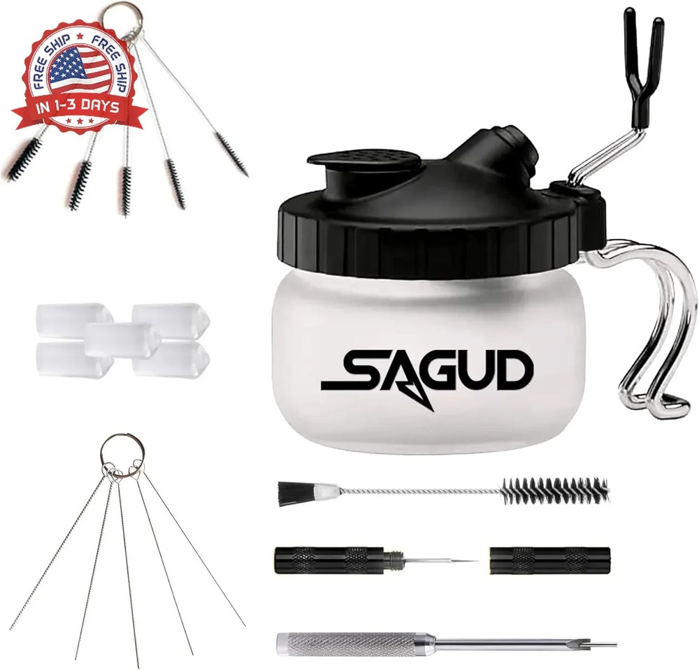 19 Piece Airbrush Cleaning Kit, Glass Airbrush Cleaning Pot with Holder, 5 Clean