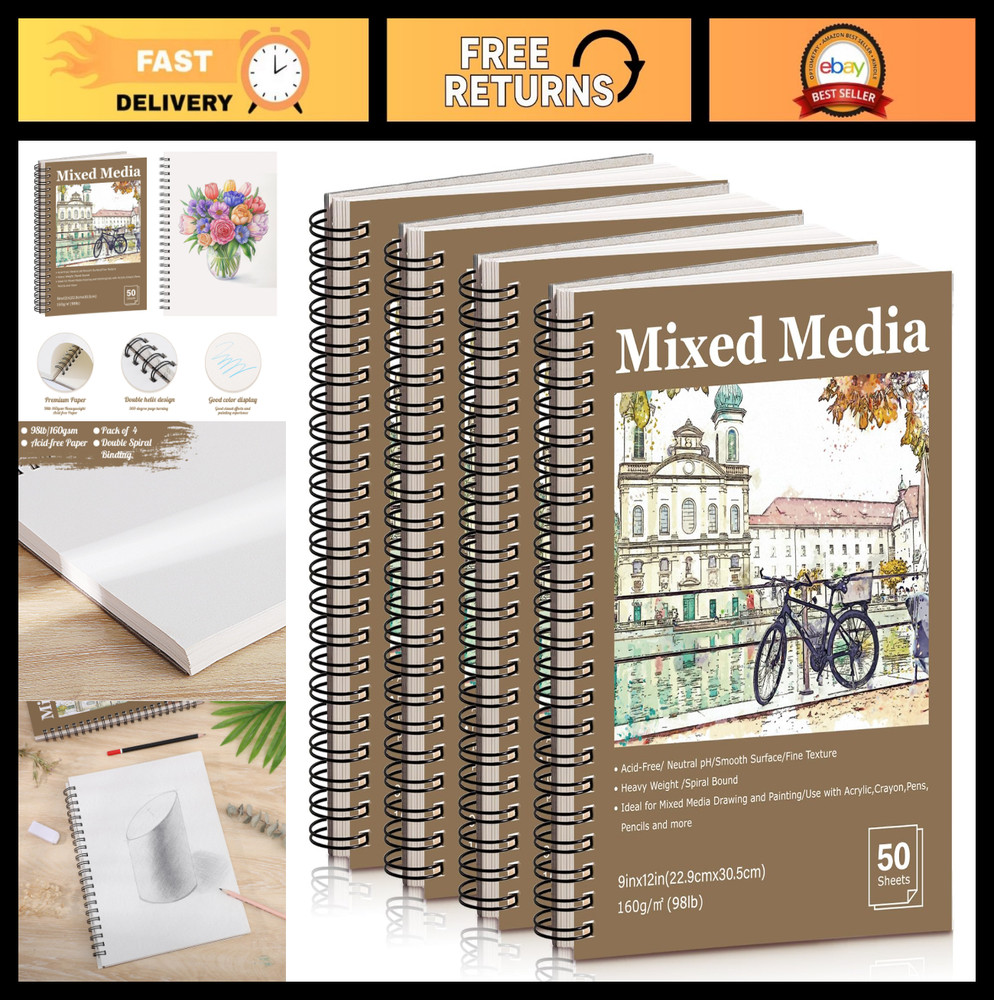 4 Pack Mixed Media Sketchbooks 9×12″ Heavyweight 98lb Spiral Bound 200 Sheets fo