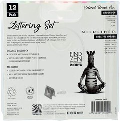 Zebra LETTERING SET 10012 Set of 12 pc Brand NEW! 6 Mildliner/6 Brush Pens