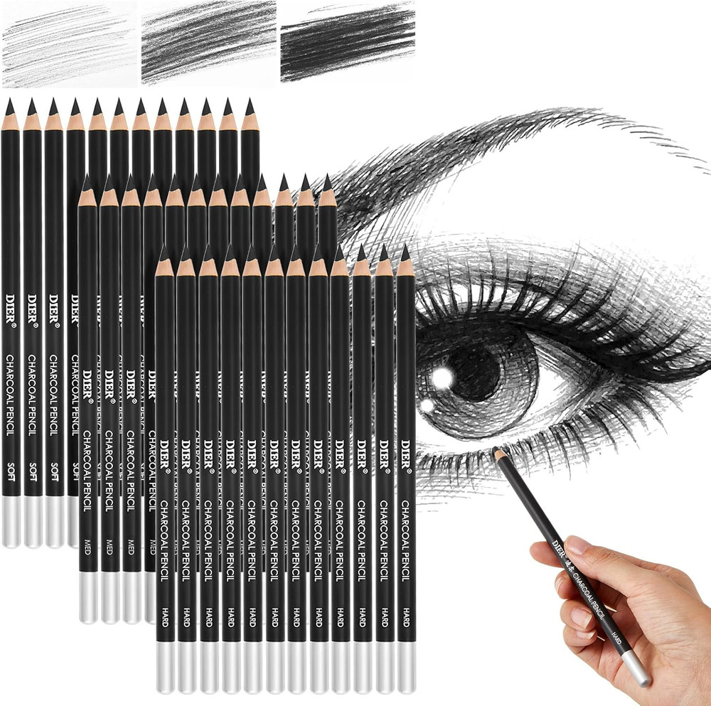 36 Pcs Professional Charcoal Pencils Soft, Medium and Hard for Drawing Charcoal