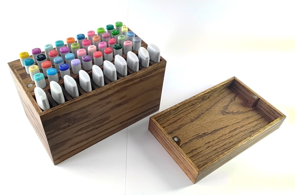Copic marker storage box holder organizer w/ magnetic lid handmade wooden