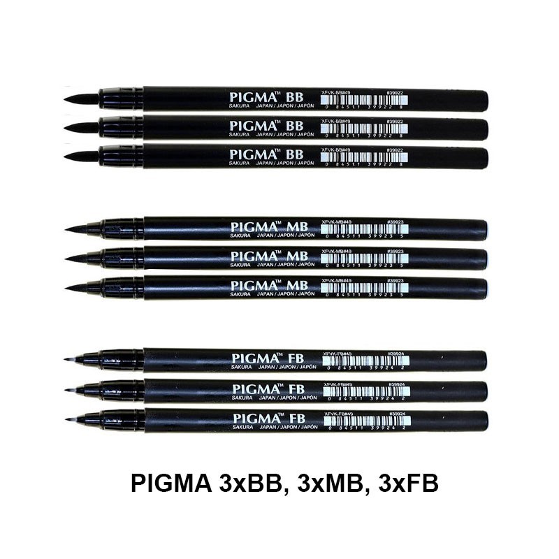 SAKURA Pigma Brush Pen Set of 9 – 3×BB, 3×MB, 3×FB Black Ink Archival Japan