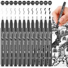 Black Micro Pen Set – 12 Assorted Sizes Fine Line Drawing Upgraded Pigment In…