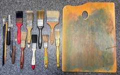 Assorted Paint Brushes, Pallet Knives and 16″x 12″ Pallet; No Paints