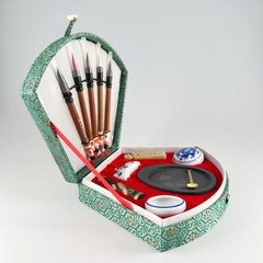 NEW Chinese 5 Brush Art & Calligraphy Set Rest Seal Pots Mixing Stone Paper Box
