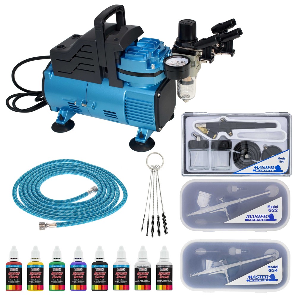 Master Airbrush Super Cool Runner Dual Fan Air Compressor 3 Airbrush System Kit