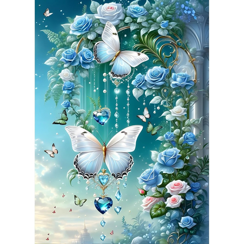 DIY Blue Flowers Diamond Painting Kits for Beginners Adults,5D Butterfly Diamond