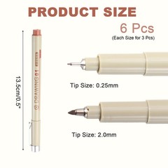 6Pcs 0.25/2.0mm Fineliner Ink Pens(Brown)