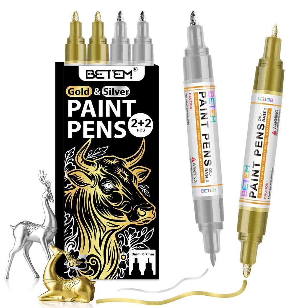 Betem Oil Based Paint Markers, Dual Tip Paint Pens(0.7mm & 3mm), Gold Silver …
