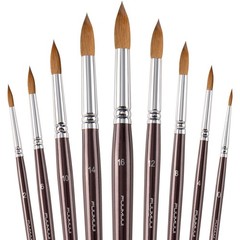Sable Watercolor Brushes 9pcs #0,#2,#4,#6,#8,#10,#12,#14,#16, Brown-9pcs