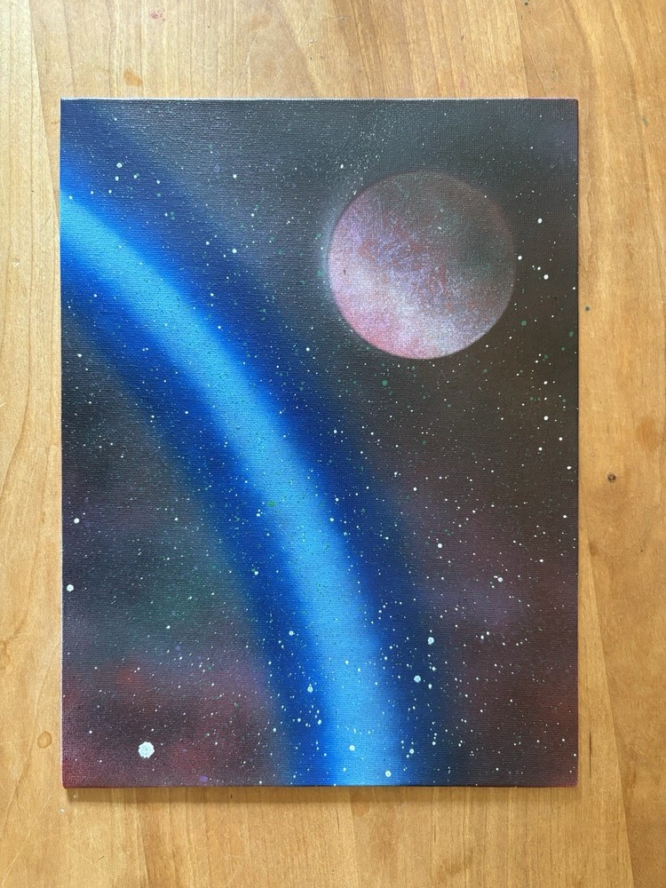 Space Painting with A Red/Purple/Green Planet and Bright Blue Aurora Wall Art