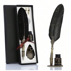 Feather Pen and ink Set with Wood Dip Pen with 1 Black Ink & 2 Replacement Nibs