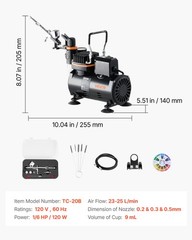 VEVOR Airbrush Kit Air Brush Kit 1/6 HP Air Compressor 1 Airbrush 3 Tips Hose
