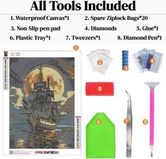 Pirate Ship Full Moon Diamond Drill Gem Art Painting Kit 12″x16″ inches Horror !