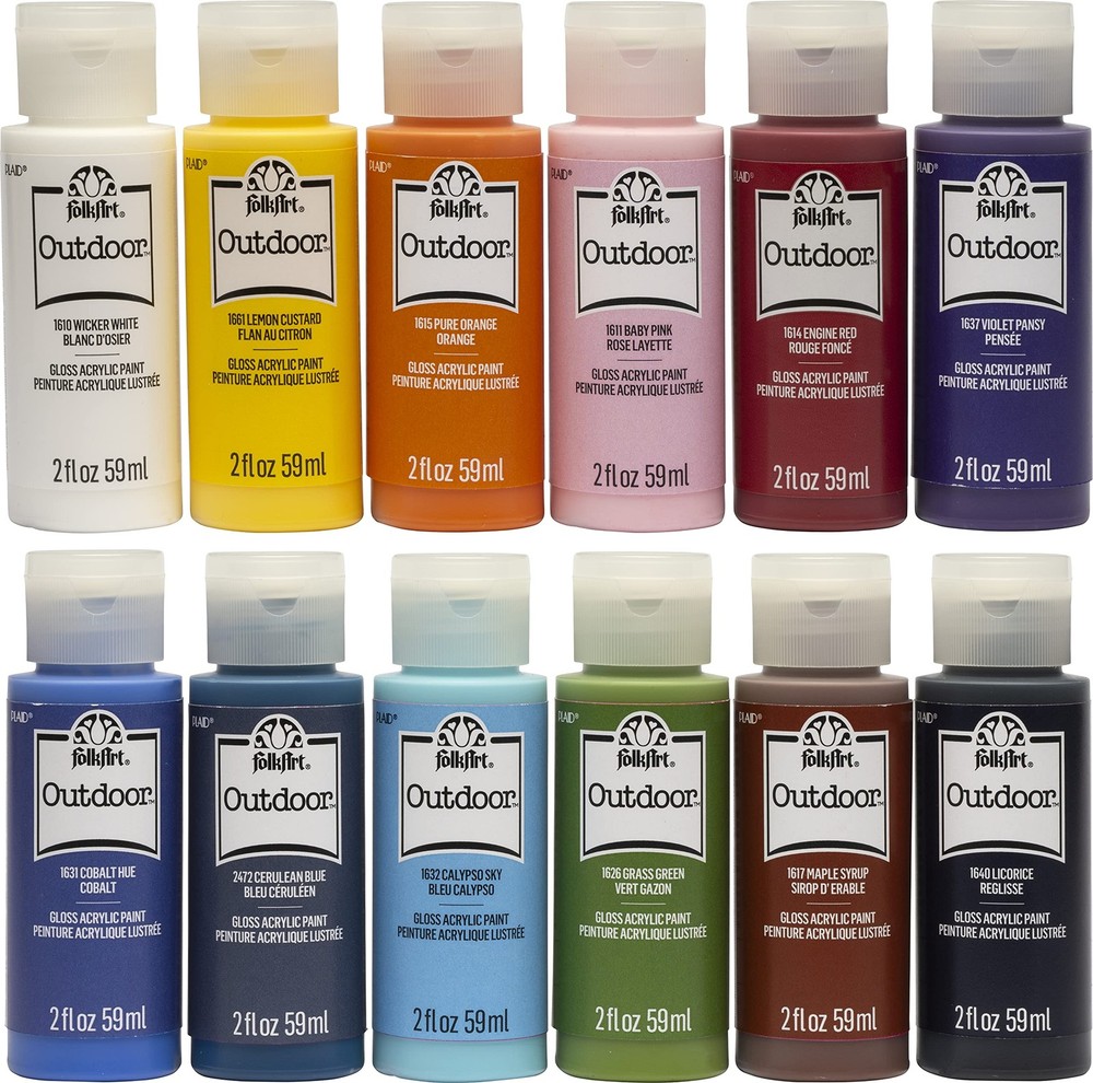 FolkArt Outdoor Gloss Acrylic Craft 2 Fl Oz (Pack of 12), 12 Assorted Colors