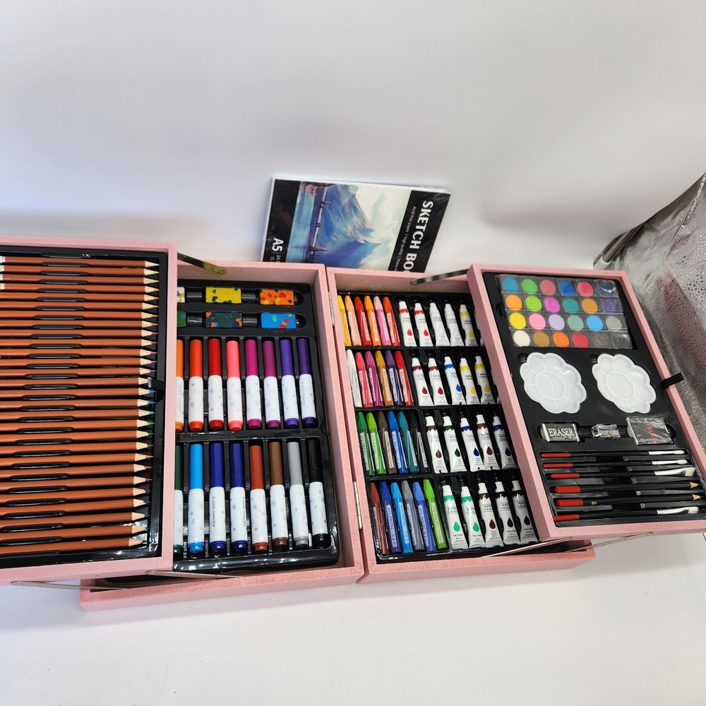 145pc Deluxe Mixed Media Art Set Pink Wooden Case READ DESCRIPTION DAMAGE Case