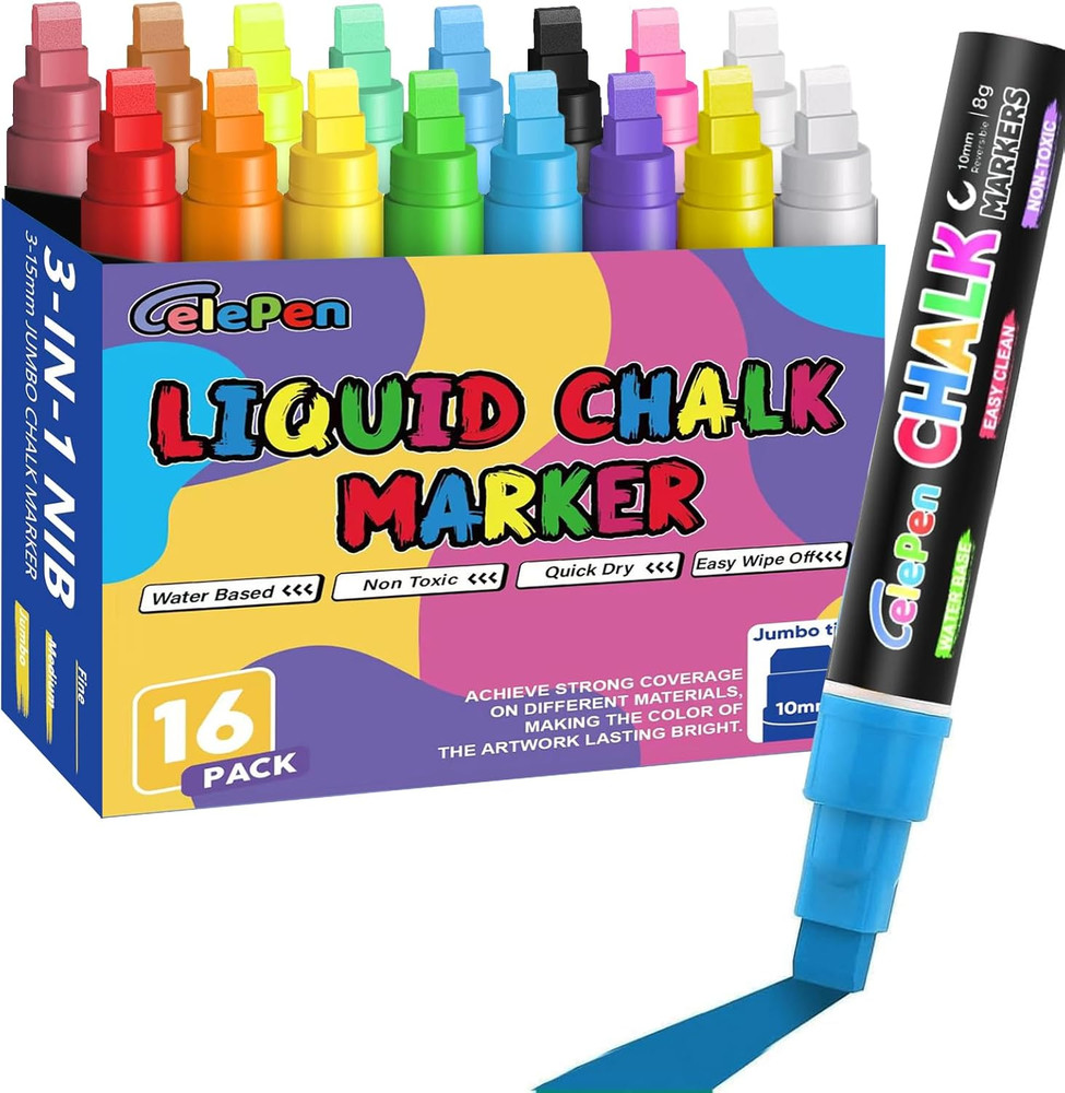Window Chalk Markers for Cars Glass Washable, 16 Colors Jumbo Liquid Chalk Marke