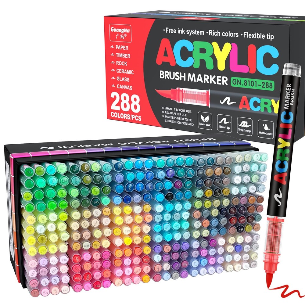 Guangna 288 Acrylic Paint Markers, Brush Tip Acrylic Paint Pens, Quick-Drying…
