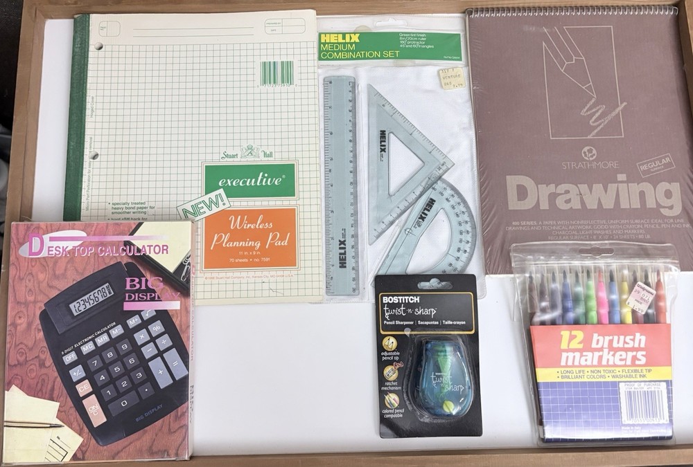 Vintage off Art Supply Lot Strathmore Drawing Pad Helix Set Calculator Markers
