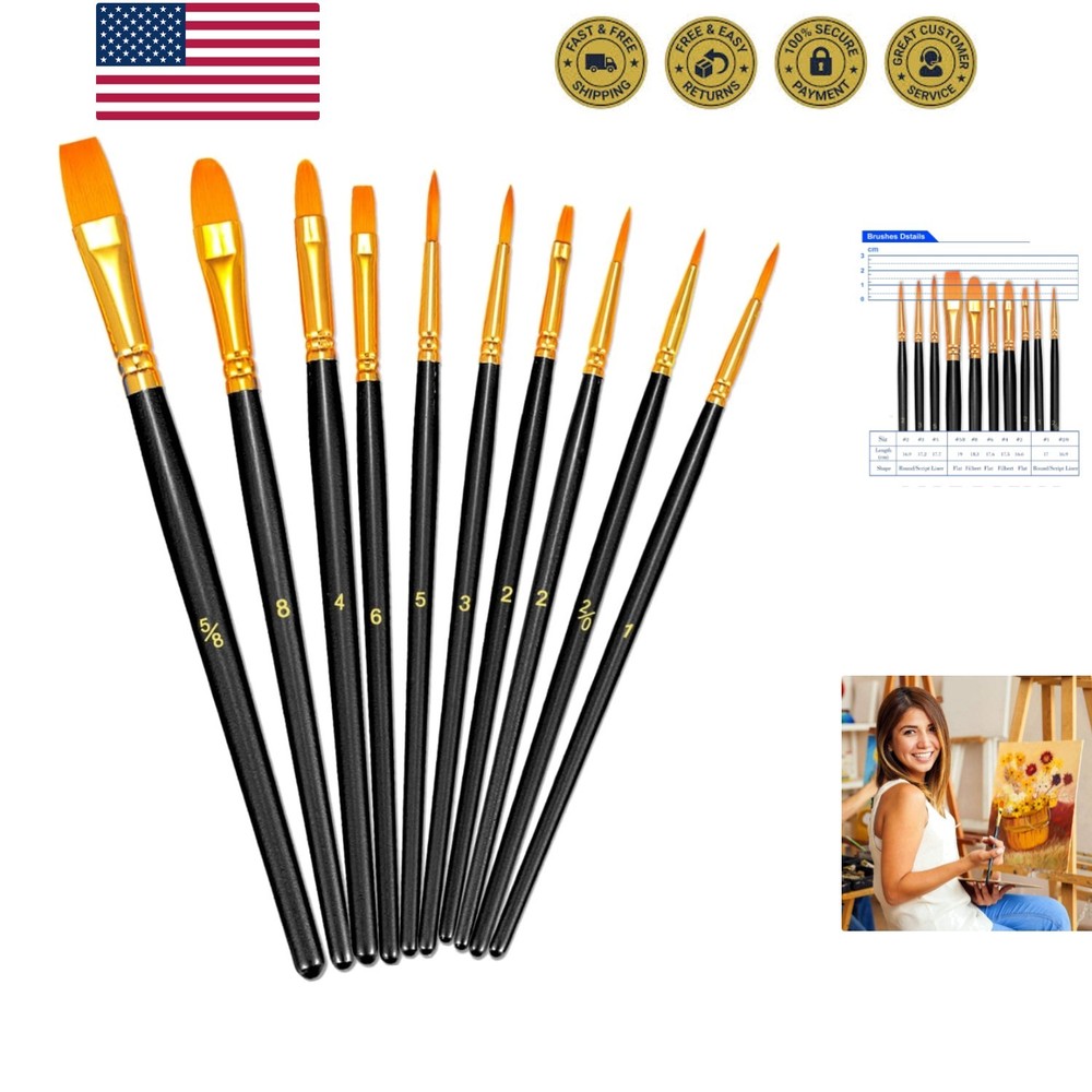 Paint Brushes Set, 10 Pieces Round Pointed Tip Paintbrushes Nylon Hair Artist…