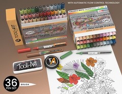 36 Earth Tones Flexible Brush Acrylic Paint Pens AUTOMATIC FLOW CONTROL 1-5mm