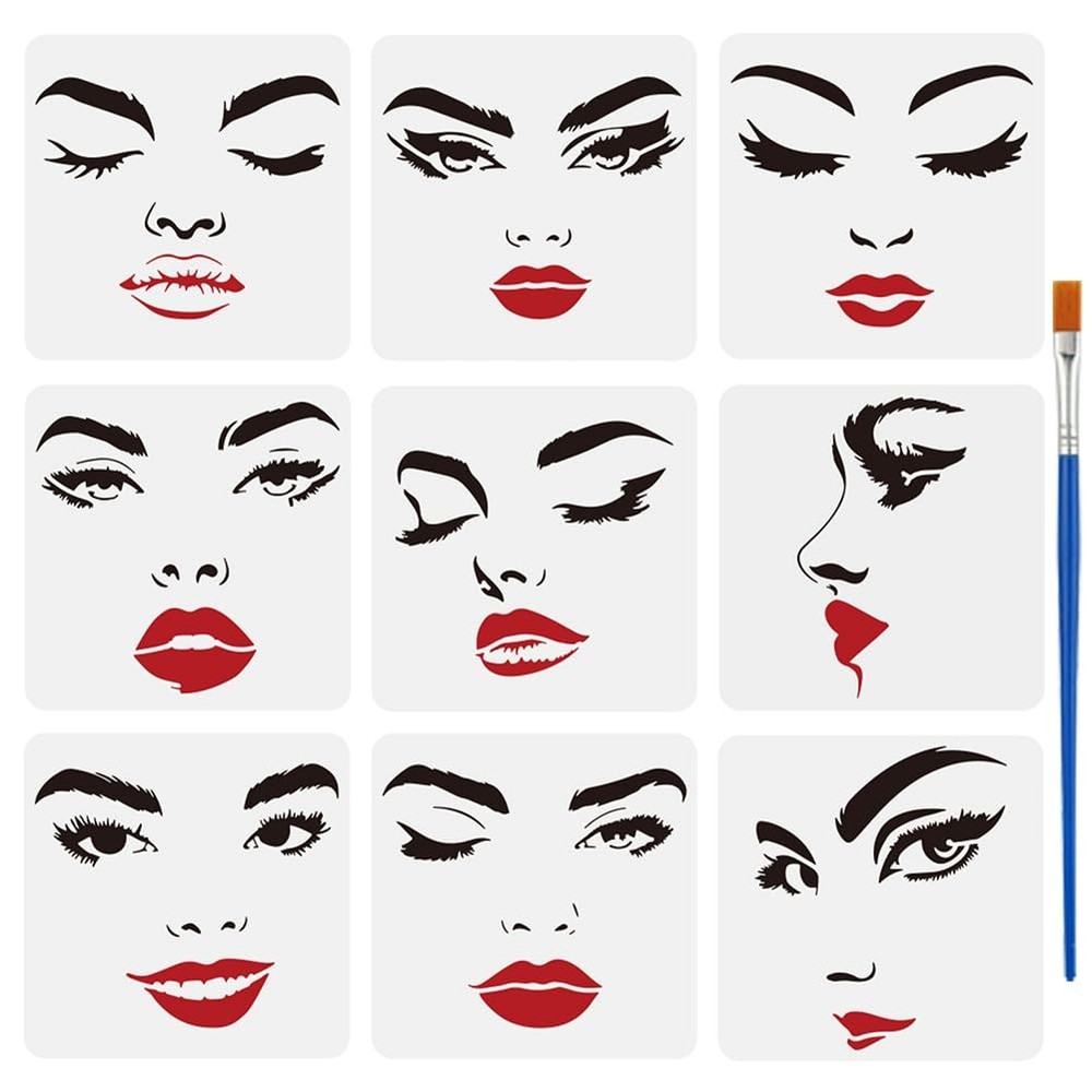 FINGERINSPIRE 9 Pcs Female 5.9×5.9 inches (stencil), 16.9×0.5 (brush)