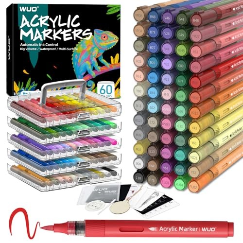 60 Colors Acrylic Paint Markers, Automatic Ink Control 60 Colors Brush Tip