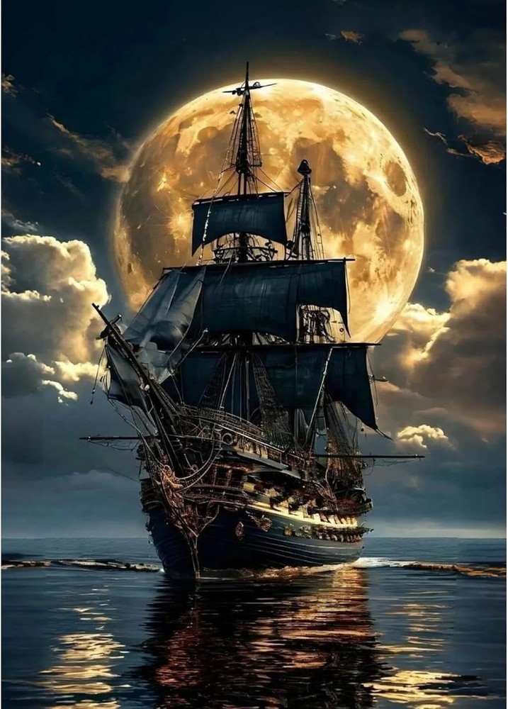 Pirate Ship Full Moon Diamond Drill Gem Art Painting Kit 12″x16″ inches Horror !