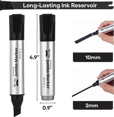 Jumbo Permanent Markers, 4 Pack, Chisel Tip, Black – Thick, Wide Tip, Large Size