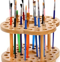 Foraineam 2 Pack Rotating Paint Brush Holder 53 Holes Bamboo Natural Color