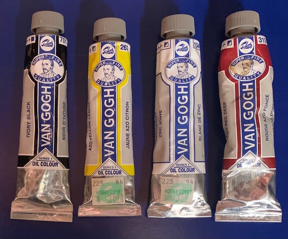(4) Royal Talens VAN GOGH Oil Colors Black 701 Yellow 261 White 104 Deep Red 313