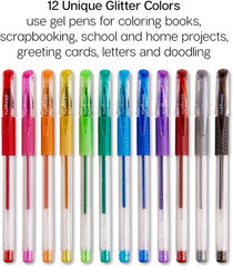 Glitter Rollerball Gel Pens, 12 Sparkling Colors with Soft-Grip Comfort, XL Ink