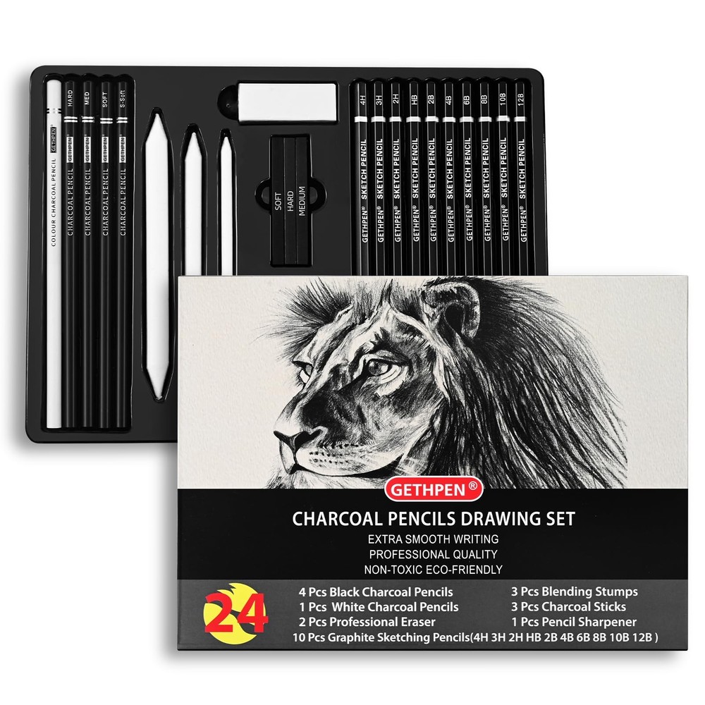 Drawing Sketching Pencil Set, 24 Piece Pro Artist 1 Count (Pack of 24), Black