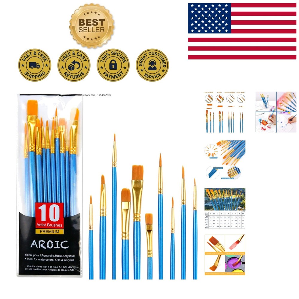 Easy-Clean 10-Pc Acrylic Paint Brush Set – Ideal for Oil, Watercolor, and More