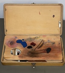 Vintage 1960s Craftint Oil Paint Kit Wooden Box w Brushes Solvent Easel 13 Tubes